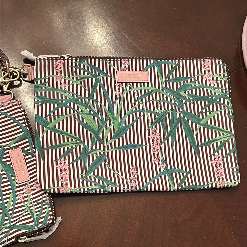 henri bendel Pink Floral & Green Pam Leaf Striped Trio Pouch Set - Picture 4 of 5